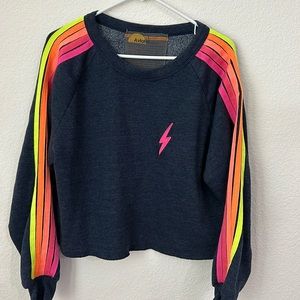 Aviator nation BOLT EMBROIDERY CLASSIC CROPPED CREW HEATHER NAVY NEON STRIPES